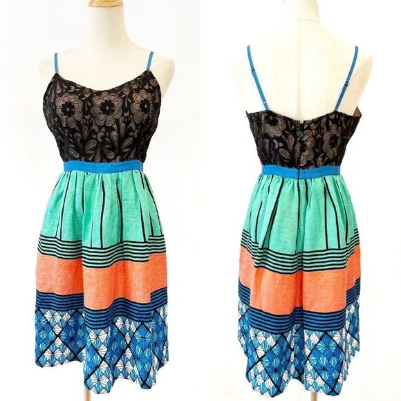 Tracy Reese Easy Frock Mosaic Stripe Fit Flare Dress 4P Silk Linen - Picture 1 of 10